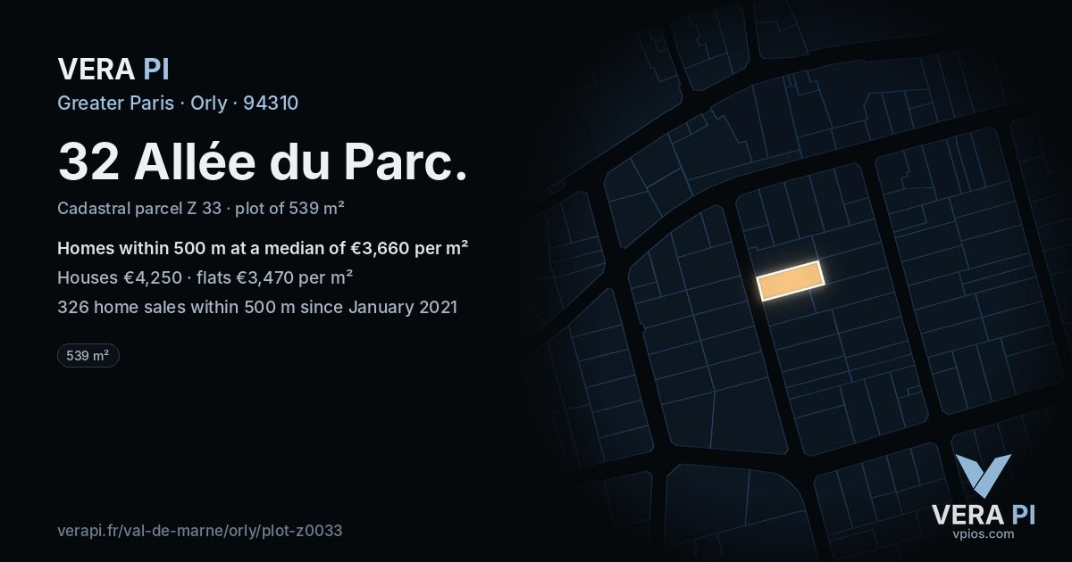 32 Allée du Parc, Orly at night – the plot lit, the parcels around coloured by the prices near them