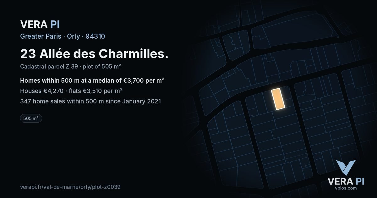 23 Allée des Charmilles, Orly at night – the plot lit, the parcels around coloured by the prices near them