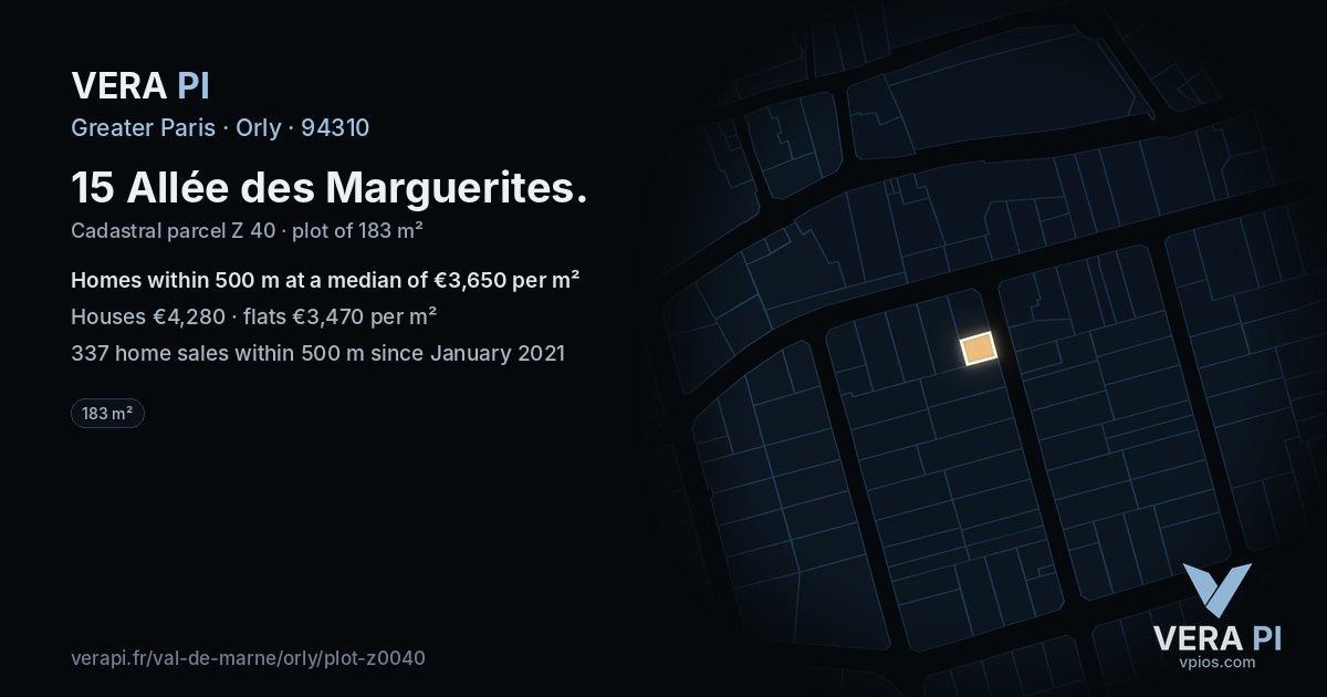 15 Allée des Marguerites, Orly at night – the plot lit, the parcels around coloured by the prices near them
