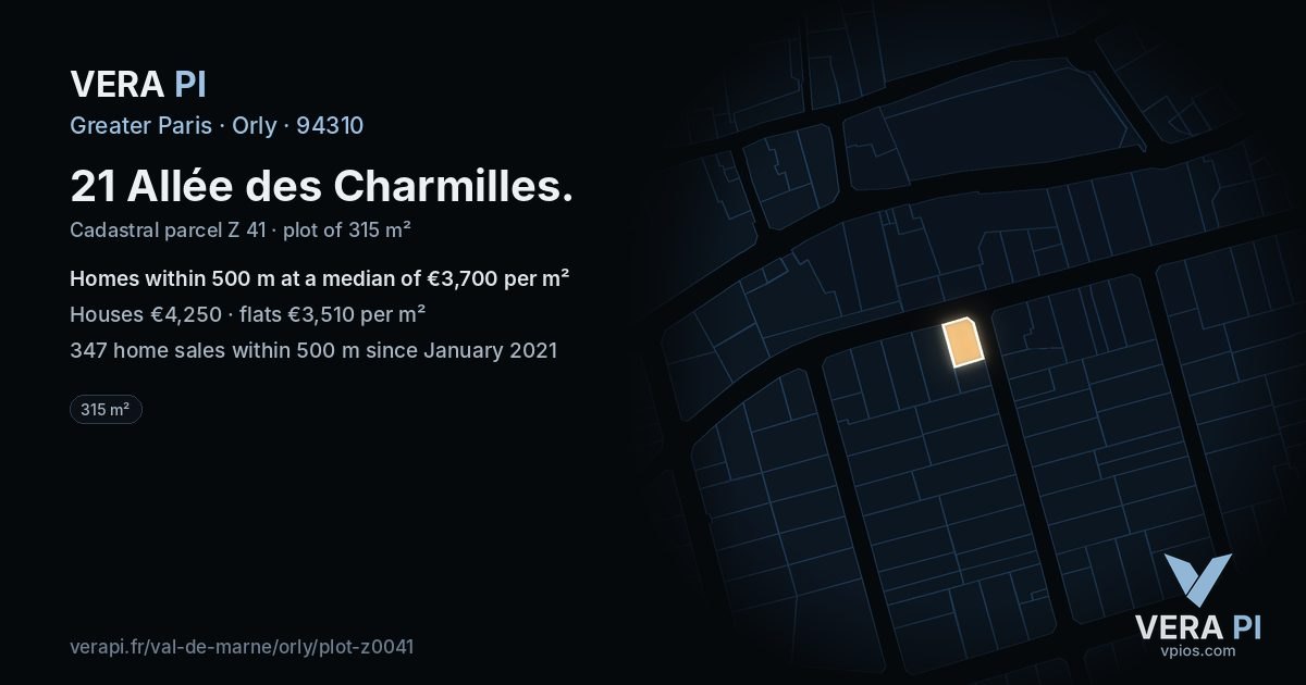 21 Allée des Charmilles, Orly at night – the plot lit, the parcels around coloured by the prices near them