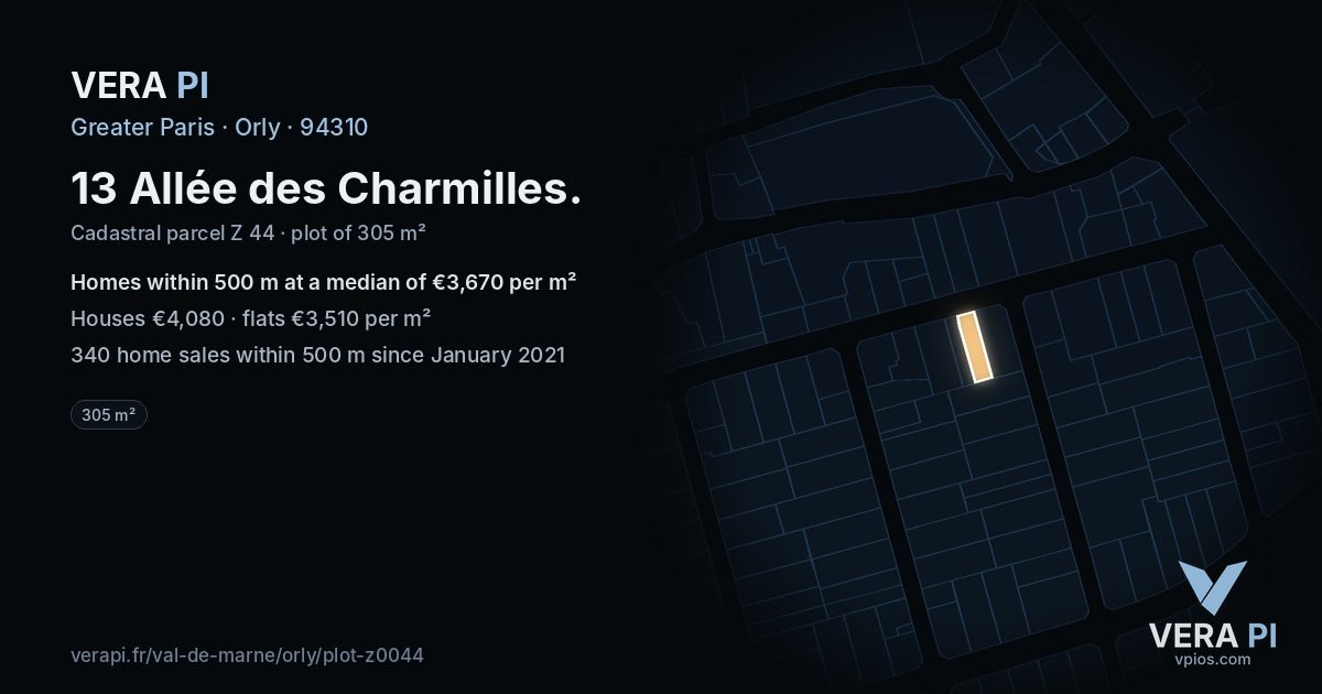 13 Allée des Charmilles, Orly at night – the plot lit, the parcels around coloured by the prices near them