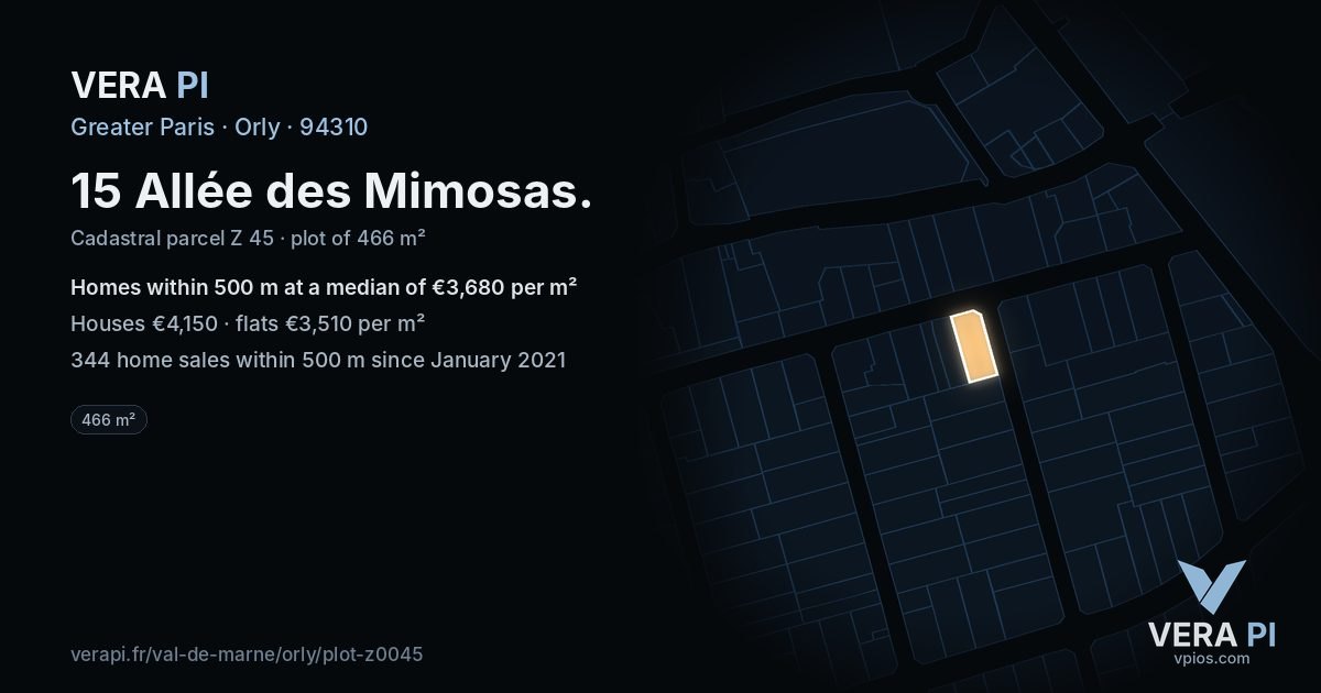 15 Allée des Mimosas, Orly at night – the plot lit, the parcels around coloured by the prices near them