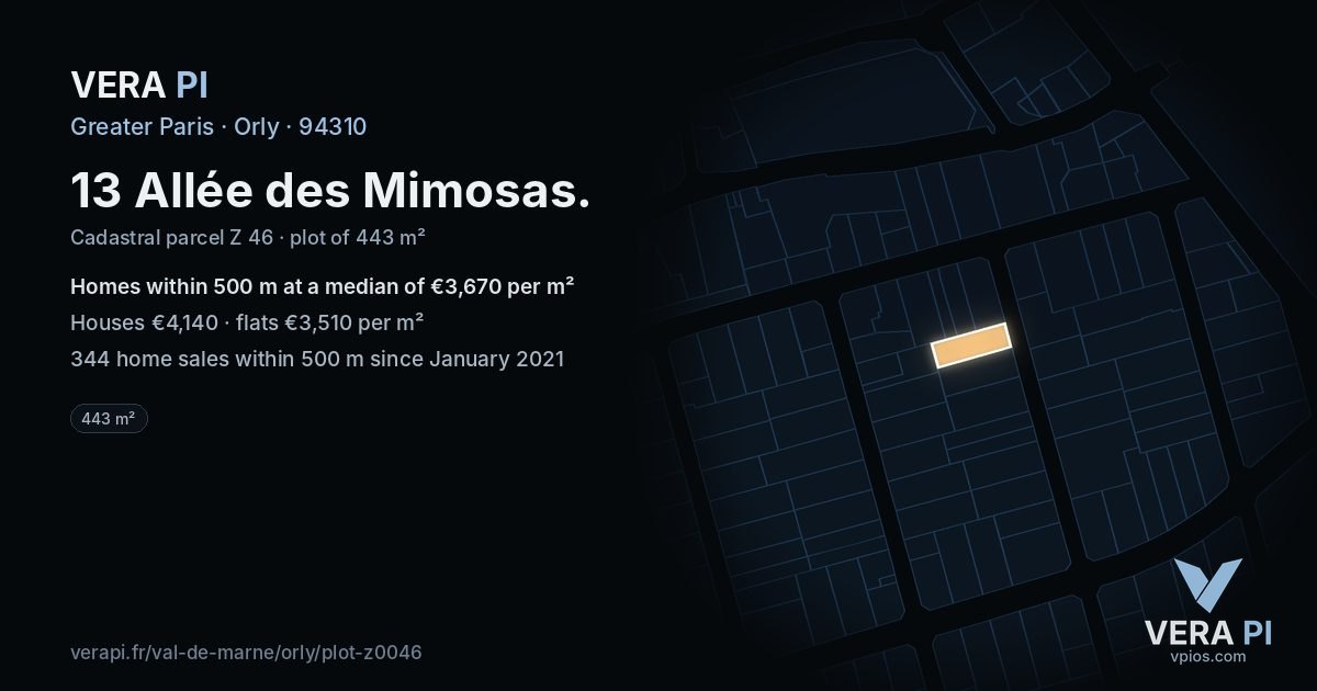 13 Allée des Mimosas, Orly at night – the plot lit, the parcels around coloured by the prices near them