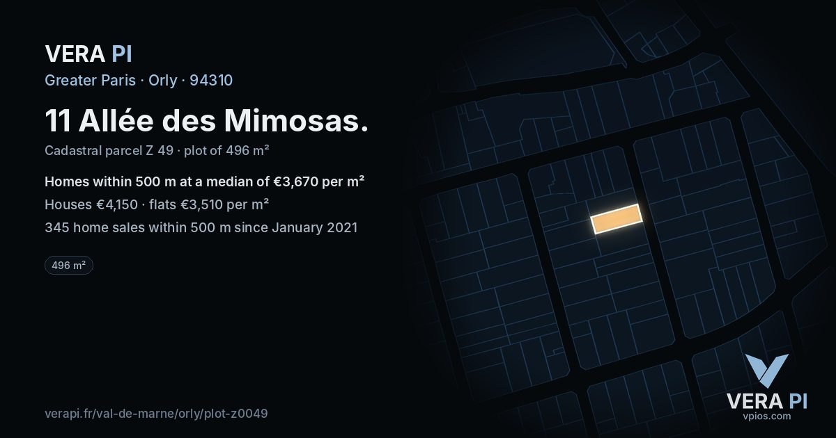11 Allée des Mimosas, Orly at night – the plot lit, the parcels around coloured by the prices near them