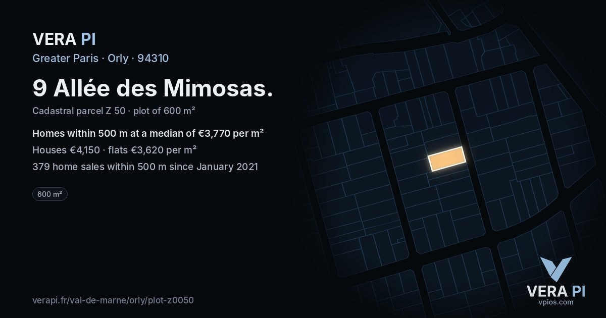 9 Allée des Mimosas, Orly at night – the plot lit, the parcels around coloured by the prices near them