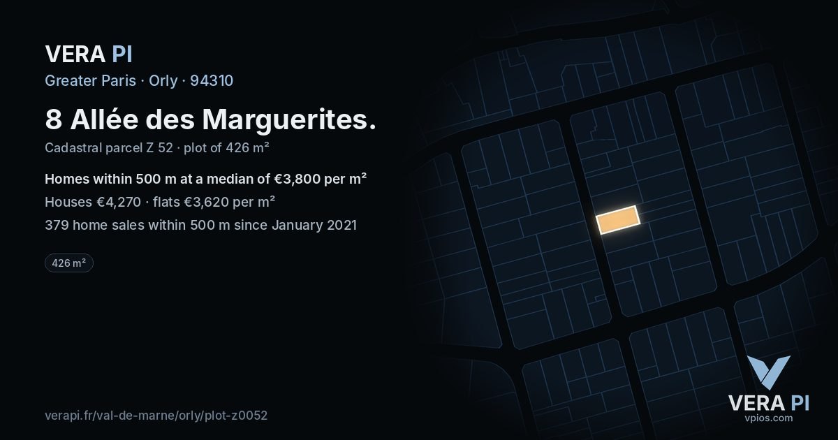 8 Allée des Marguerites, Orly at night – the plot lit, the parcels around coloured by the prices near them