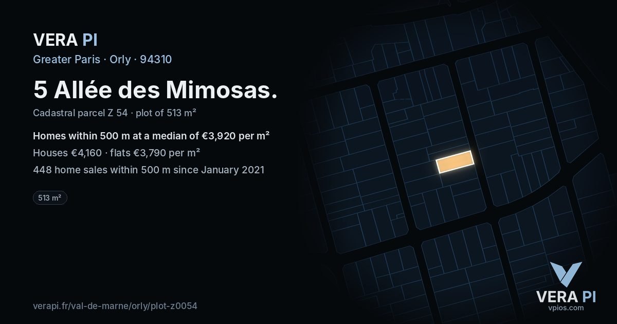 5 Allée des Mimosas, Orly at night – the plot lit, the parcels around coloured by the prices near them