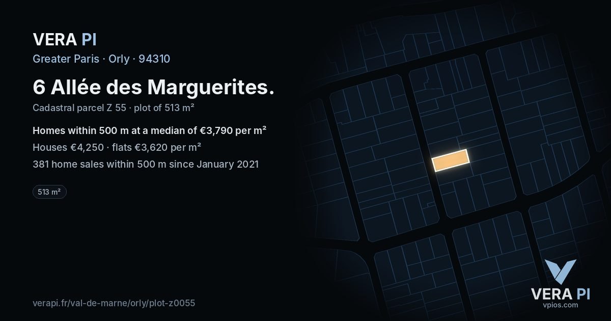 6 Allée des Marguerites, Orly at night – the plot lit, the parcels around coloured by the prices near them