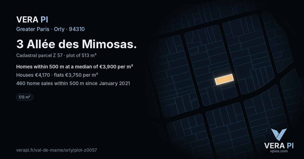 3 Allée des Mimosas, Orly at night – the plot lit, the parcels around coloured by the prices near them