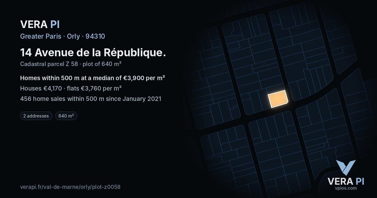 14 Avenue de la République, Orly at night – the plot lit, the parcels around coloured by the prices near them