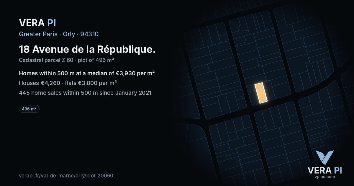 18 Avenue de la République, Orly at night – the plot lit, the parcels around coloured by the prices near them