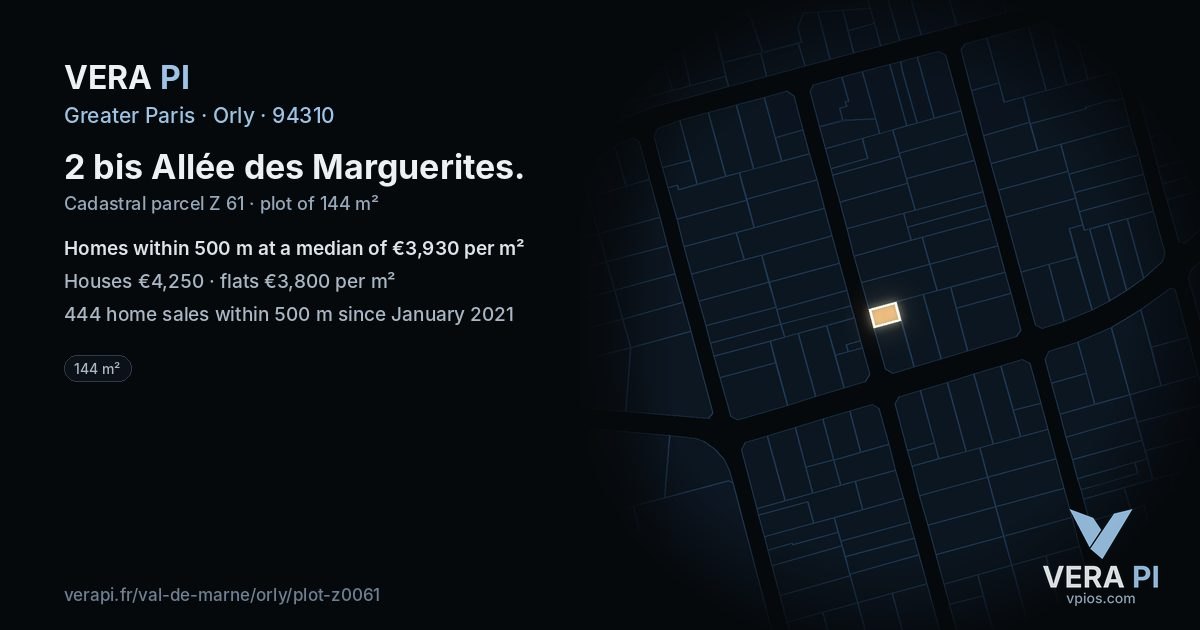 2 bis Allée des Marguerites, Orly at night – the plot lit, the parcels around coloured by the prices near them