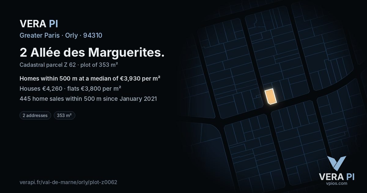2 Allée des Marguerites, Orly at night – the plot lit, the parcels around coloured by the prices near them