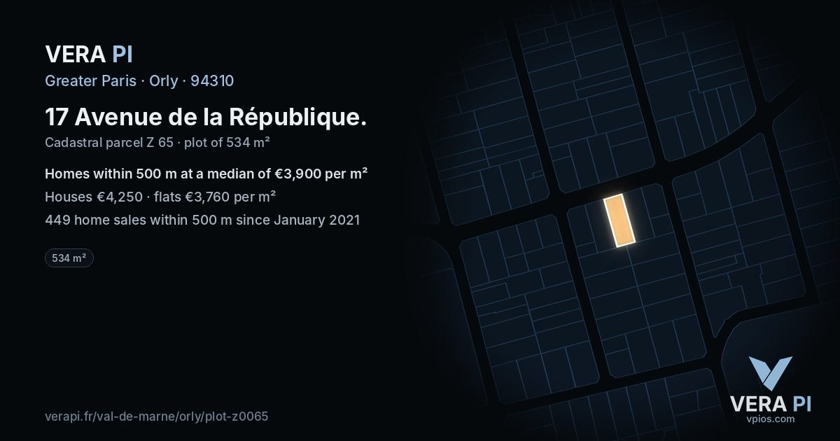17 Avenue de la République, Orly at night – the plot lit, the parcels around coloured by the prices near them