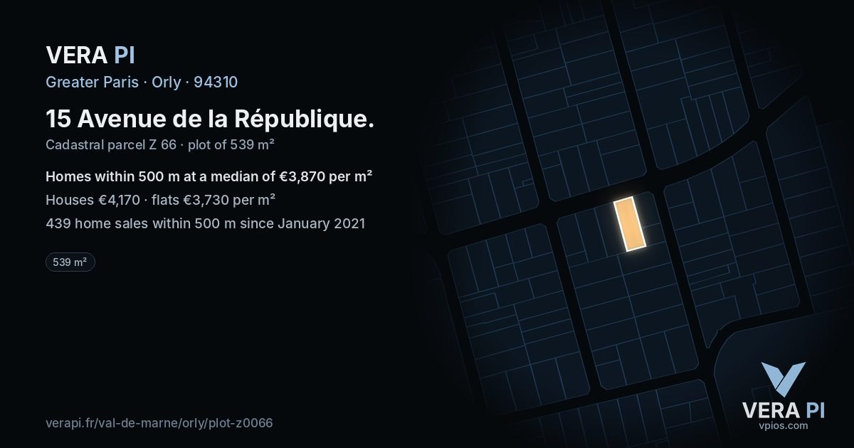 15 Avenue de la République, Orly at night – the plot lit, the parcels around coloured by the prices near them