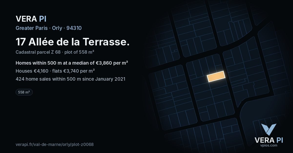 17 Allée de la Terrasse, Orly at night – the plot lit, the parcels around coloured by the prices near them