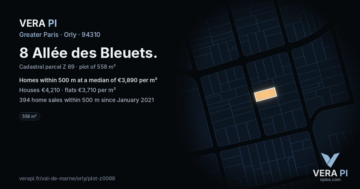 8 Allée des Bleuets, Orly at night – the plot lit, the parcels around coloured by the prices near them