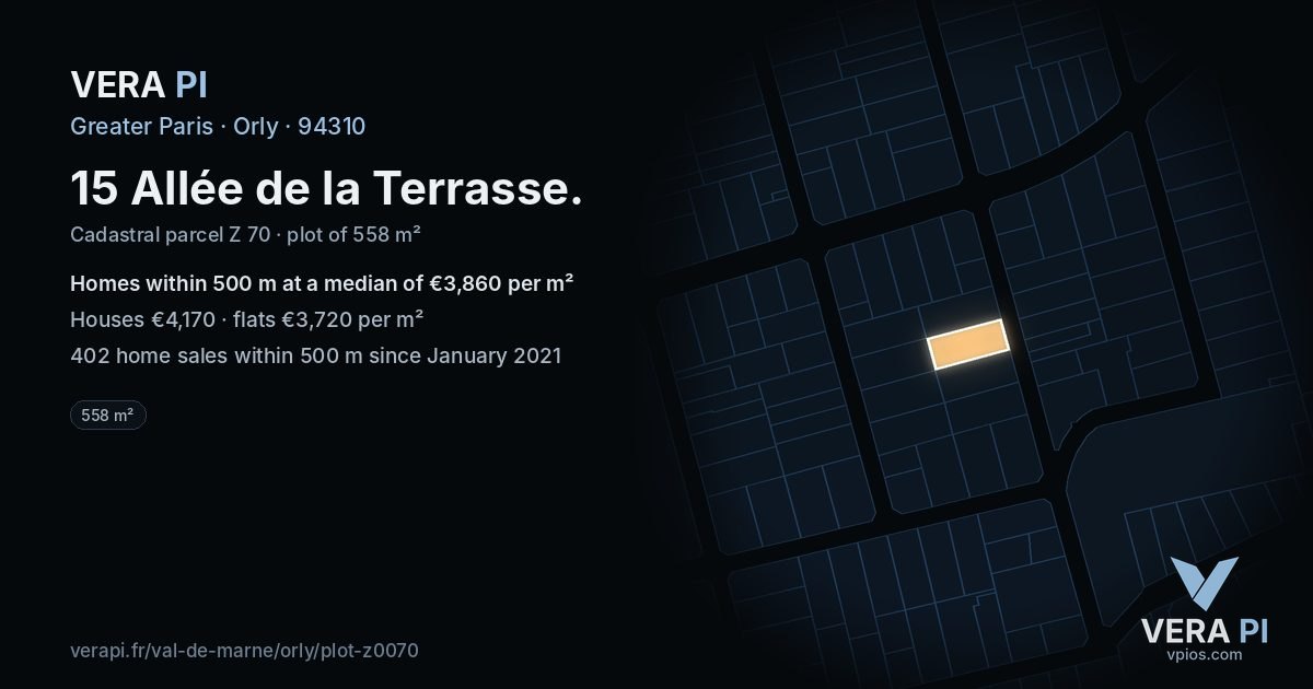 15 Allée de la Terrasse, Orly at night – the plot lit, the parcels around coloured by the prices near them