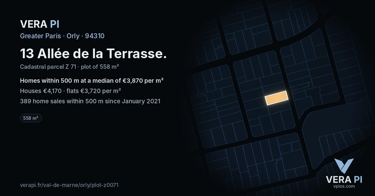 13 Allée de la Terrasse, Orly at night – the plot lit, the parcels around coloured by the prices near them