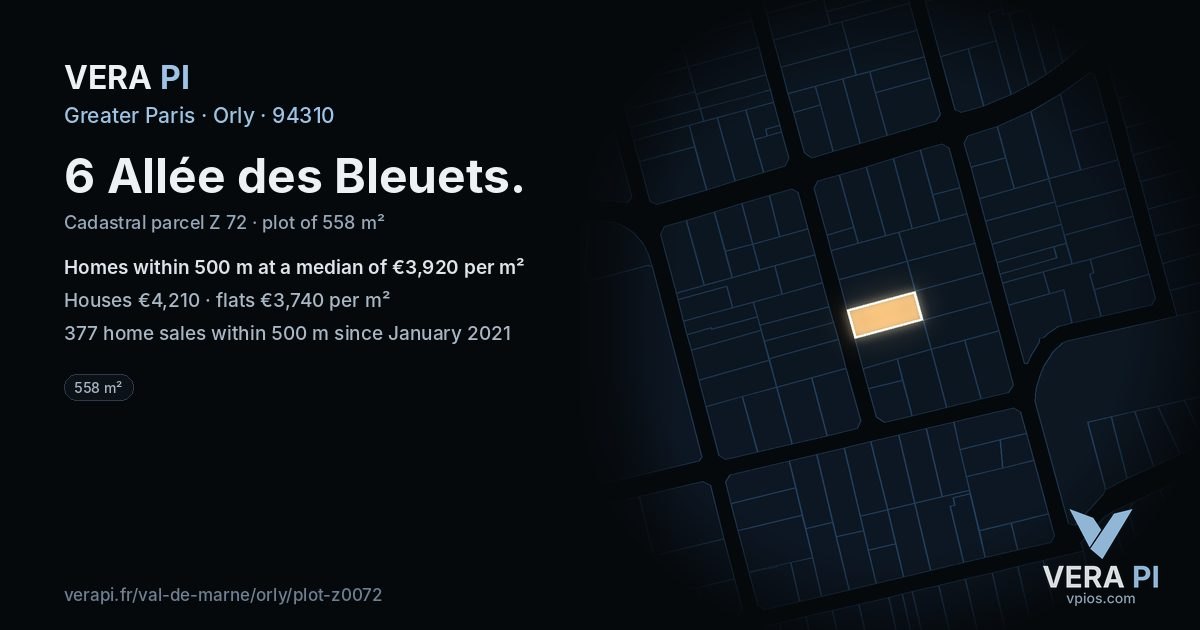 6 Allée des Bleuets, Orly at night – the plot lit, the parcels around coloured by the prices near them