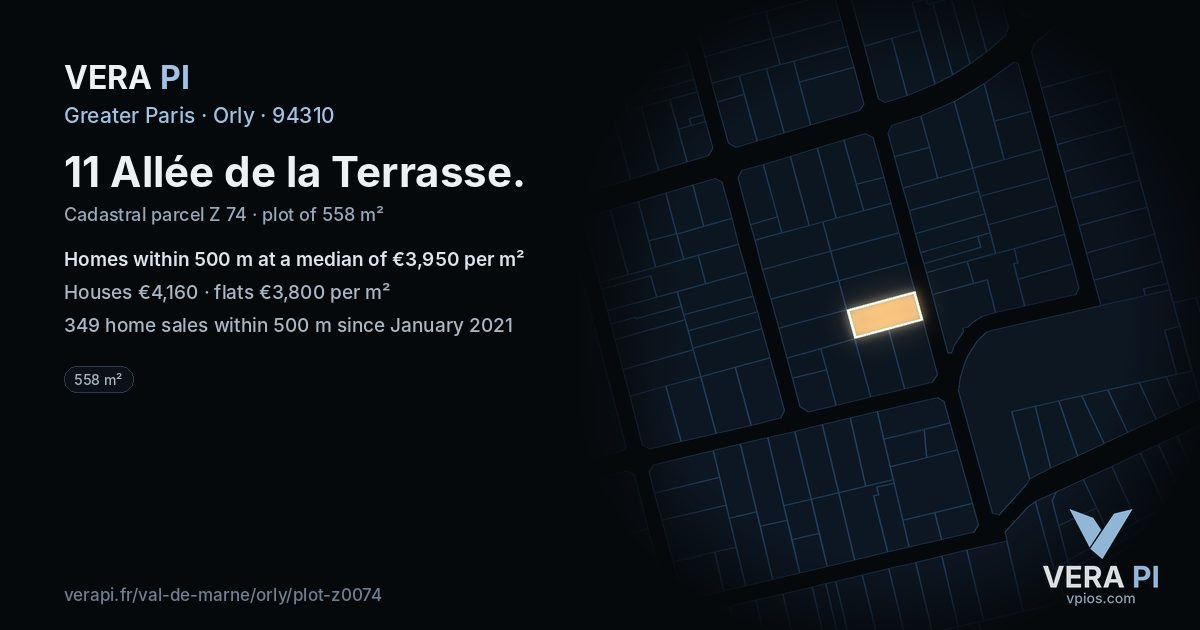 11 Allée de la Terrasse, Orly at night – the plot lit, the parcels around coloured by the prices near them
