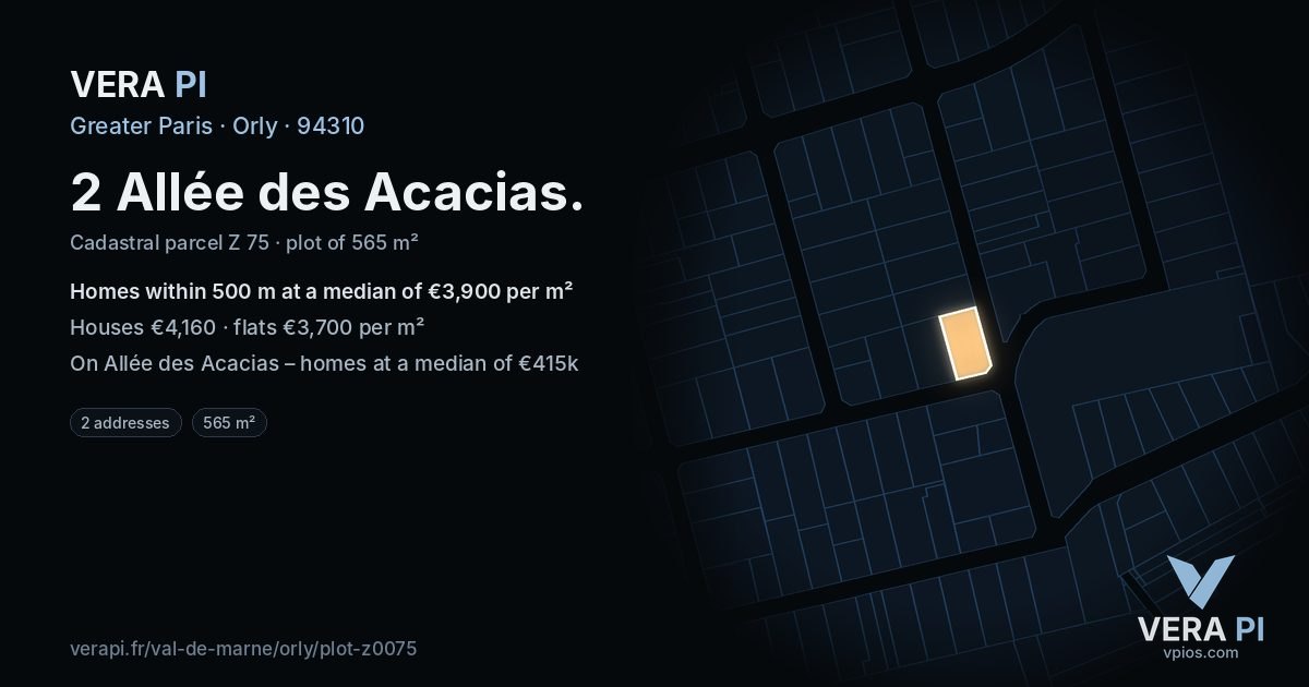 2 Allée des Acacias, Orly at night – the plot lit, the parcels around coloured by the prices near them