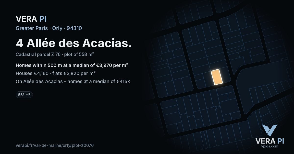 4 Allée des Acacias, Orly at night – the plot lit, the parcels around coloured by the prices near them