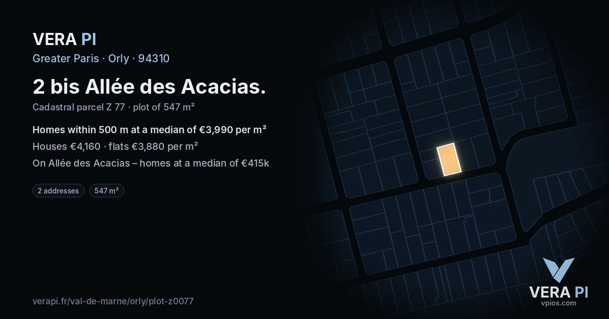 2 bis Allée des Acacias, Orly at night – the plot lit, the parcels around coloured by the prices near them