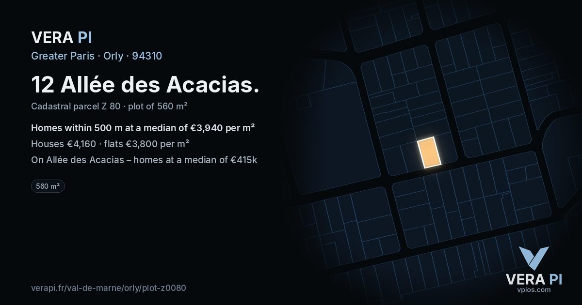 12 Allée des Acacias, Orly at night – the plot lit, the parcels around coloured by the prices near them