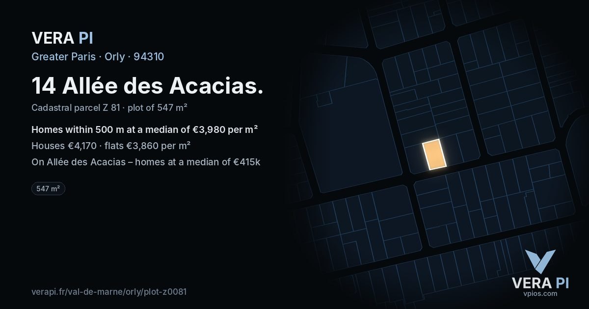 14 Allée des Acacias, Orly at night – the plot lit, the parcels around coloured by the prices near them