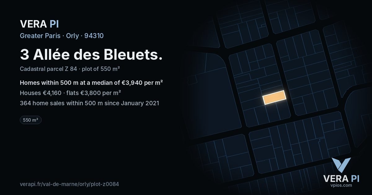 3 Allée des Bleuets, Orly at night – the plot lit, the parcels around coloured by the prices near them