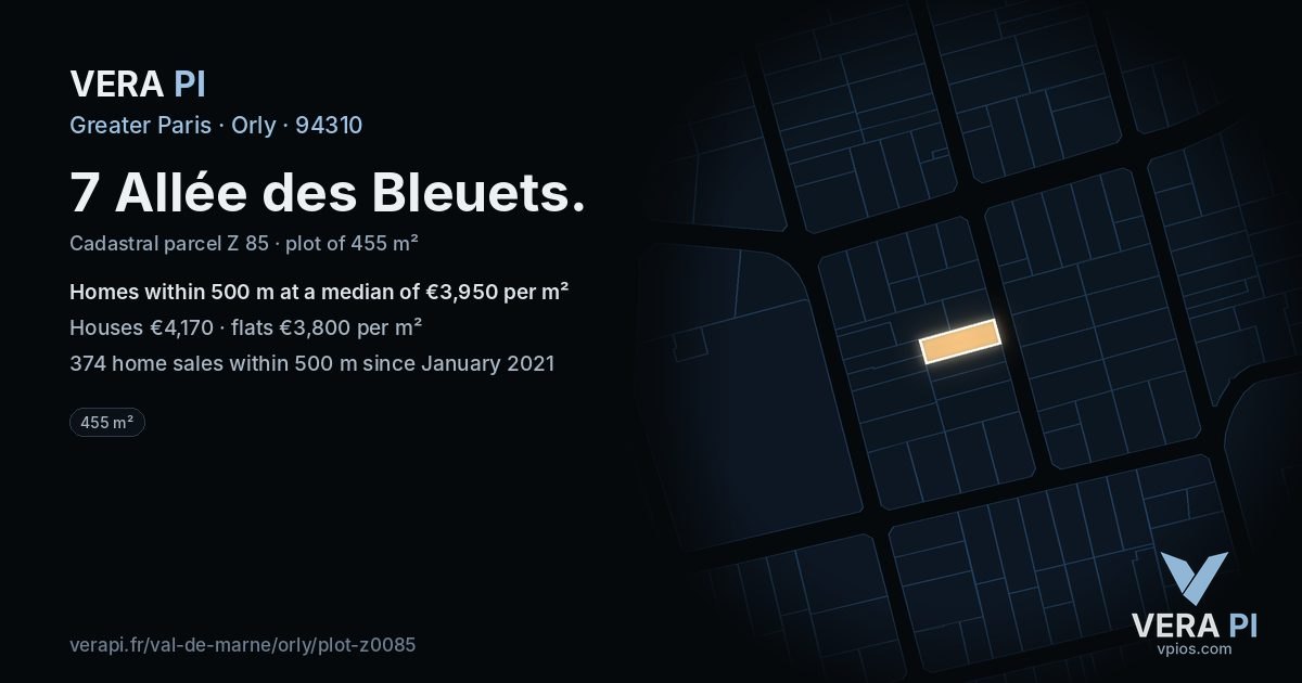 7 Allée des Bleuets, Orly at night – the plot lit, the parcels around coloured by the prices near them
