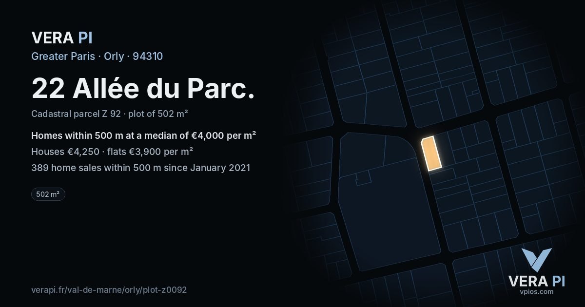 22 Allée du Parc, Orly at night – the plot lit, the parcels around coloured by the prices near them