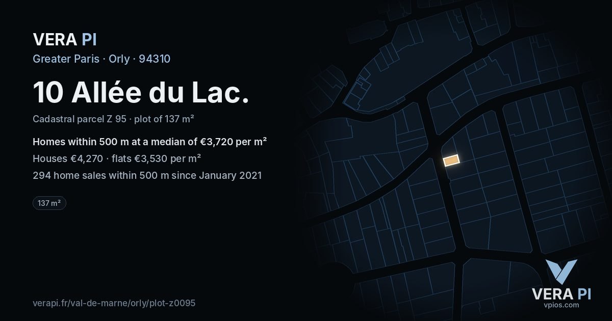 10 Allée du Lac, Orly at night – the plot lit, the parcels around coloured by the prices near them