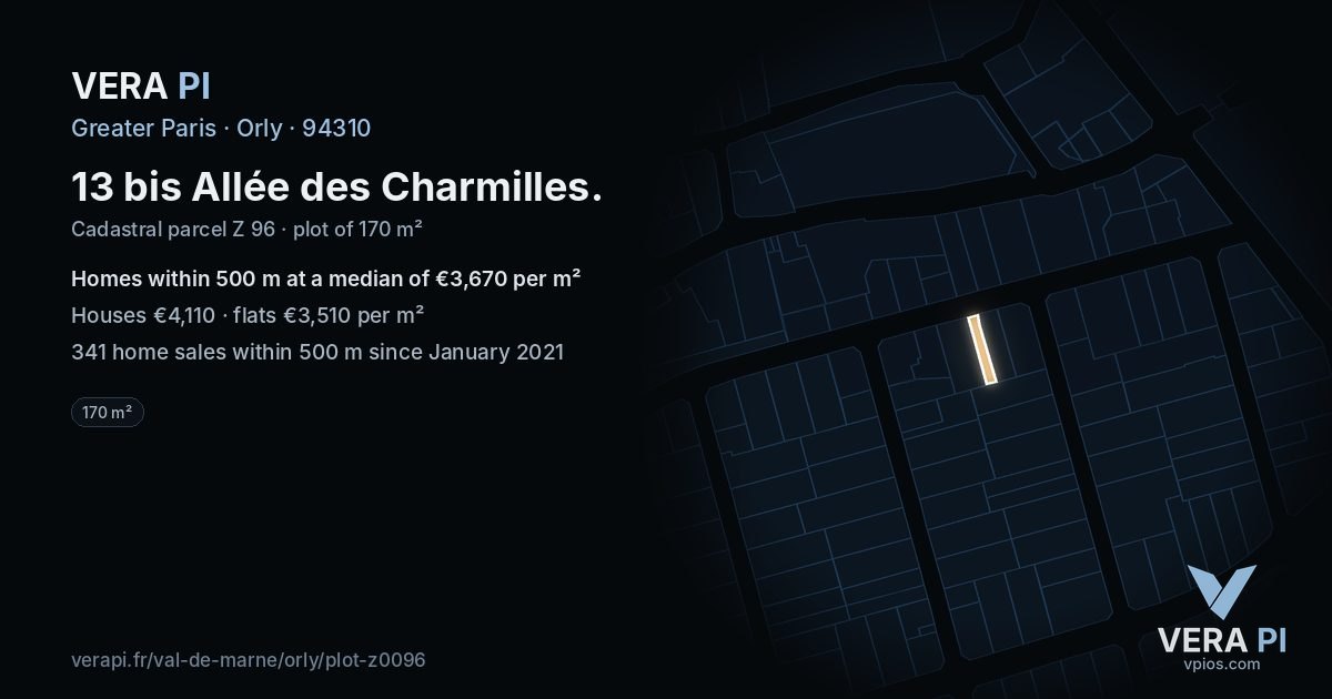 13 bis Allée des Charmilles, Orly at night – the plot lit, the parcels around coloured by the prices near them