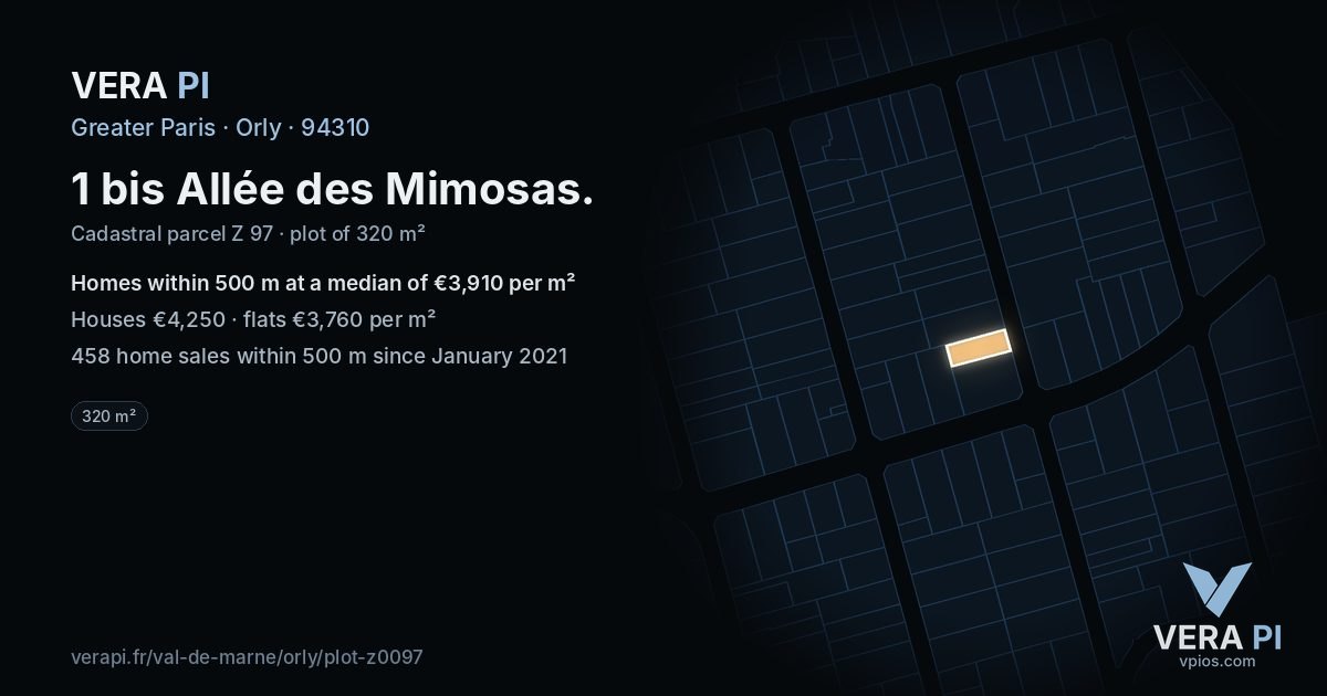 1 bis Allée des Mimosas, Orly at night – the plot lit, the parcels around coloured by the prices near them