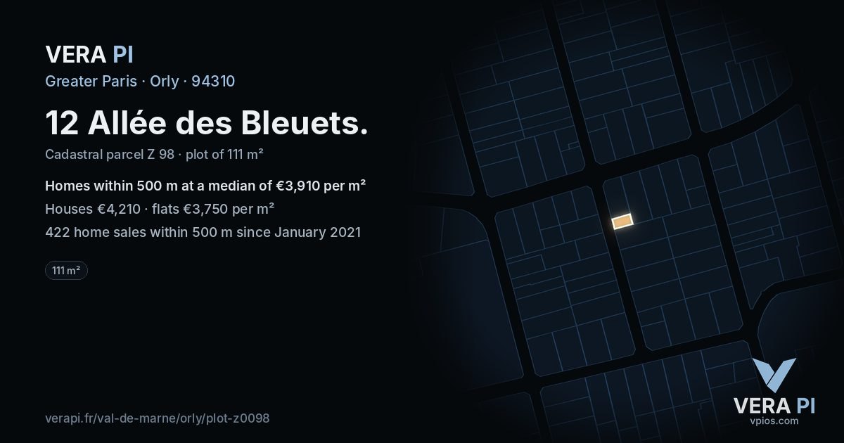 12 Allée des Bleuets, Orly at night – the plot lit, the parcels around coloured by the prices near them