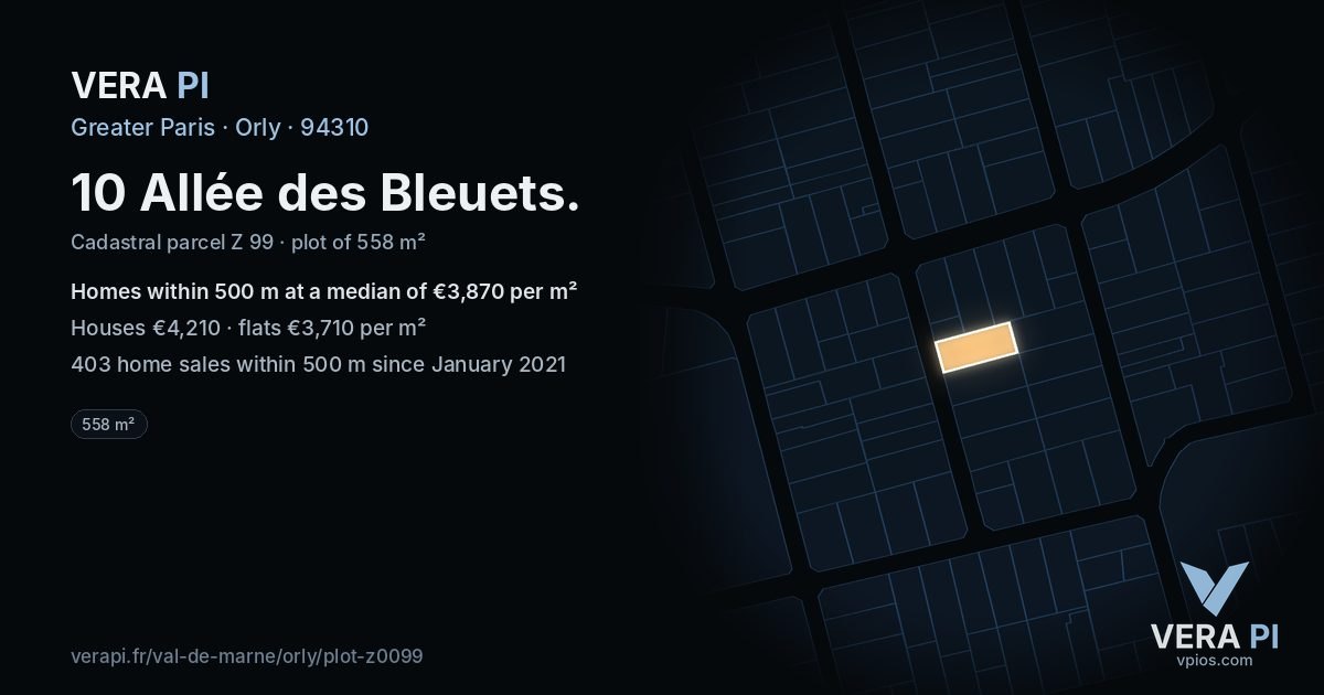 10 Allée des Bleuets, Orly at night – the plot lit, the parcels around coloured by the prices near them