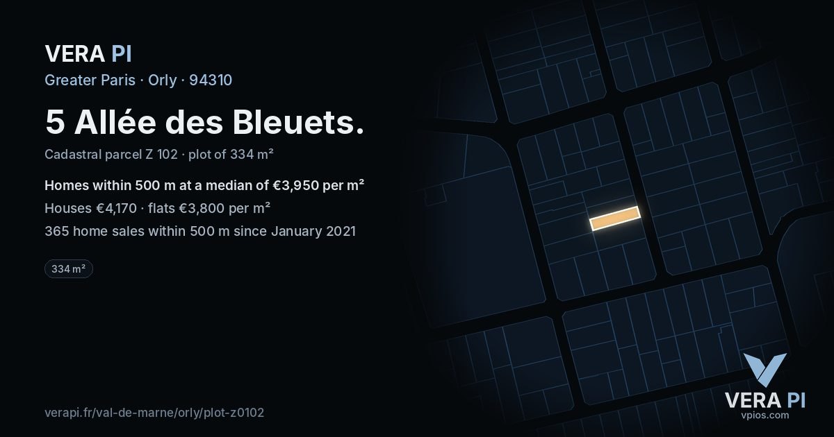 5 Allée des Bleuets, Orly at night – the plot lit, the parcels around coloured by the prices near them