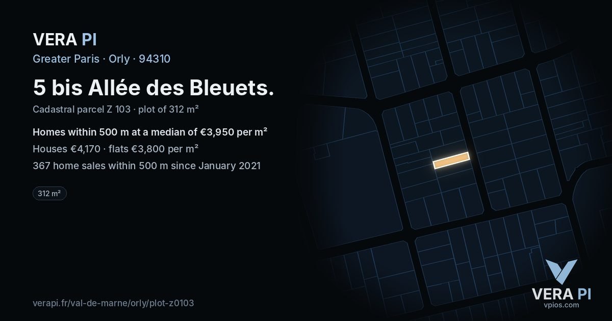 5 bis Allée des Bleuets, Orly at night – the plot lit, the parcels around coloured by the prices near them