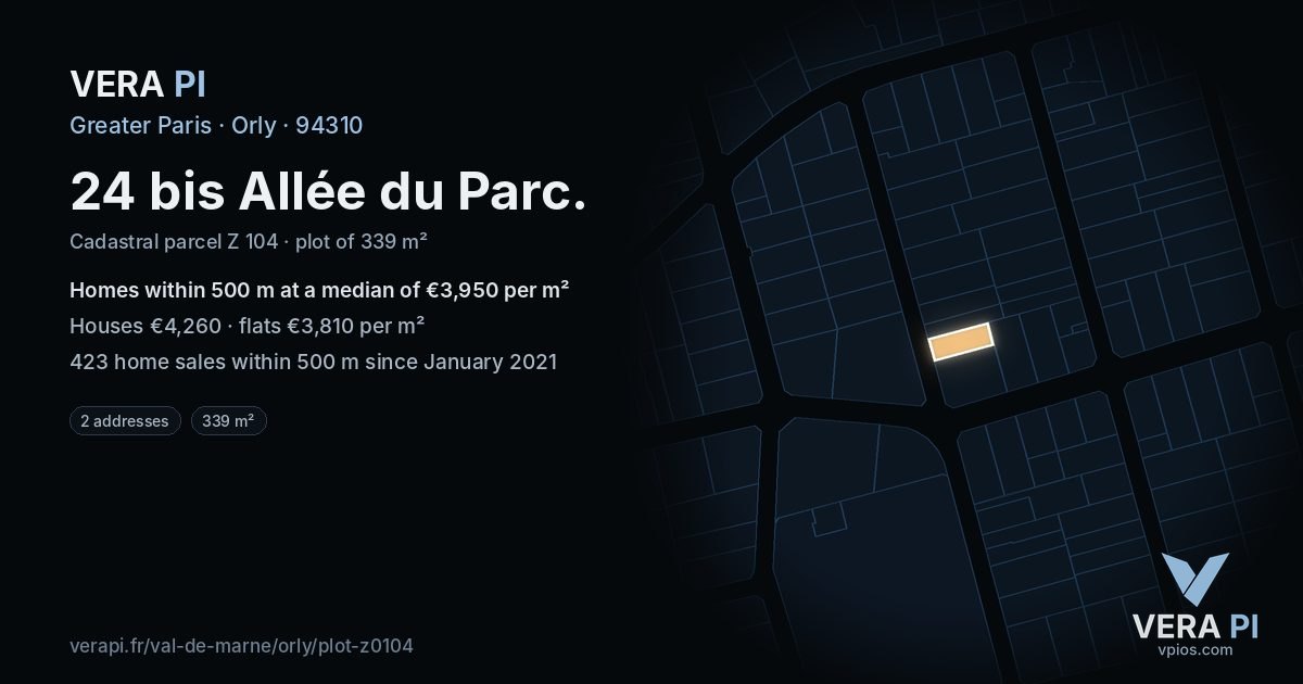 24 bis Allée du Parc, Orly at night – the plot lit, the parcels around coloured by the prices near them