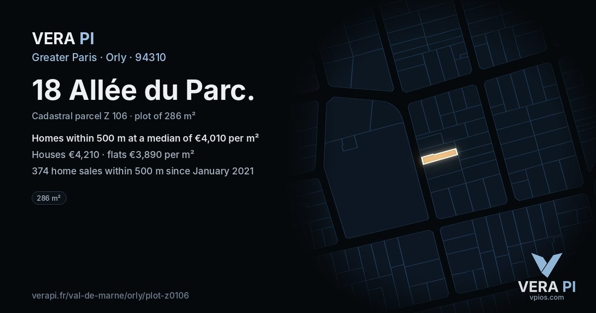 18 Allée du Parc, Orly at night – the plot lit, the parcels around coloured by the prices near them