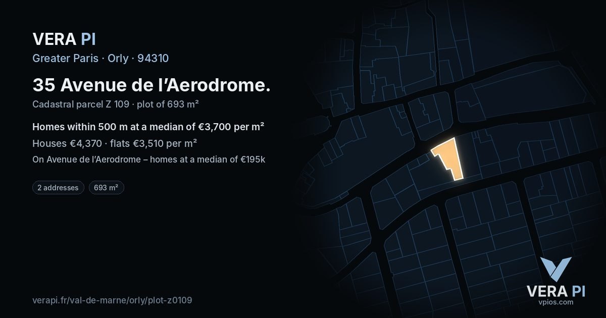 35 Avenue de l’Aerodrome, Orly at night – the plot lit, the parcels around coloured by the prices near them