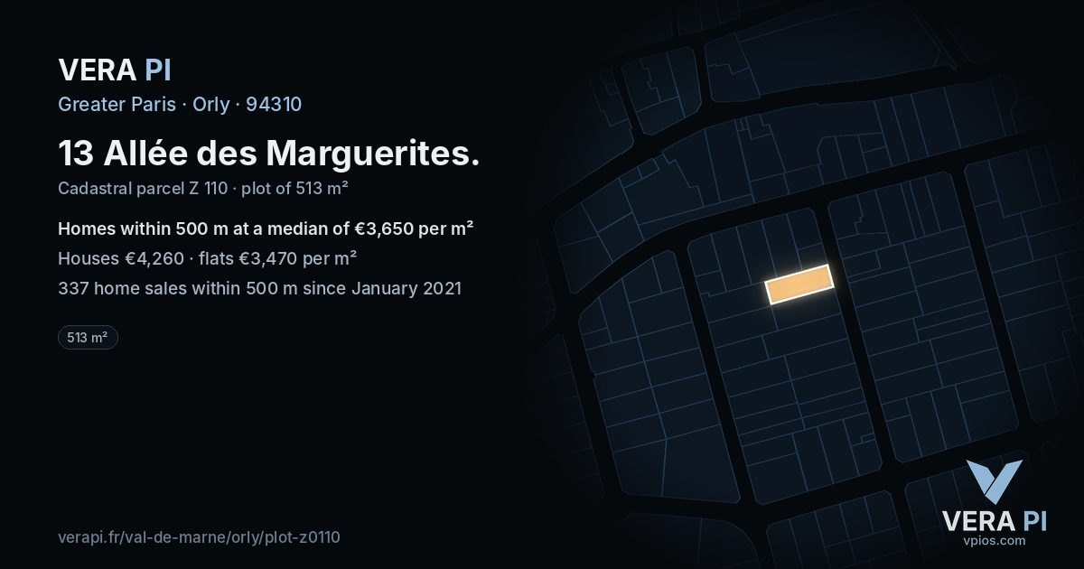13 Allée des Marguerites, Orly at night – the plot lit, the parcels around coloured by the prices near them