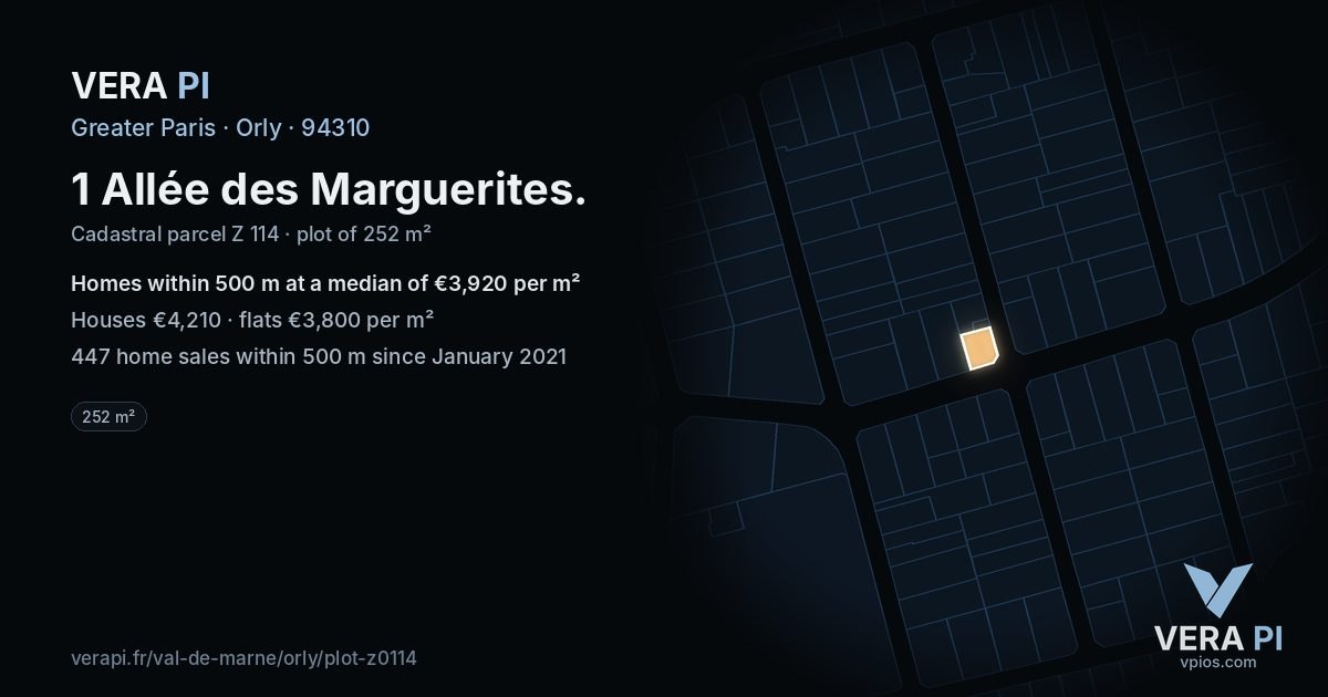 1 Allée des Marguerites, Orly at night – the plot lit, the parcels around coloured by the prices near them