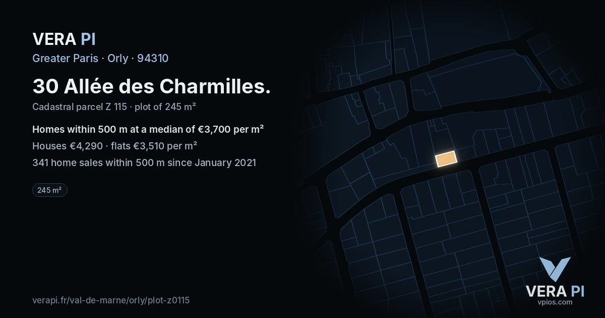 30 Allée des Charmilles, Orly at night – the plot lit, the parcels around coloured by the prices near them