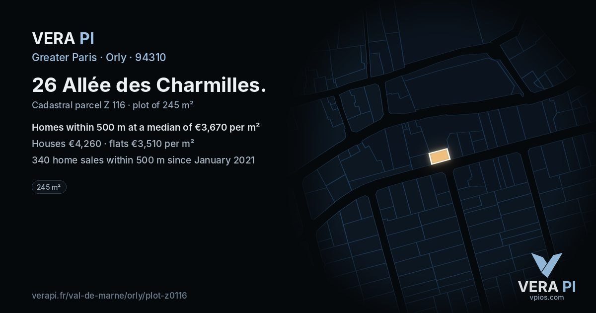 26 Allée des Charmilles, Orly at night – the plot lit, the parcels around coloured by the prices near them