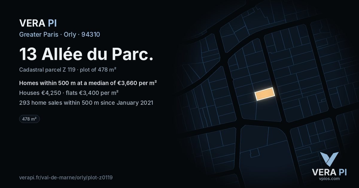 13 Allée du Parc, Orly at night – the plot lit, the parcels around coloured by the prices near them