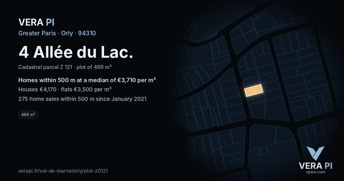 4 Allée du Lac, Orly at night – the plot lit, the parcels around coloured by the prices near them