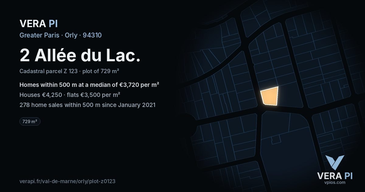 2 Allée du Lac, Orly at night – the plot lit, the parcels around coloured by the prices near them
